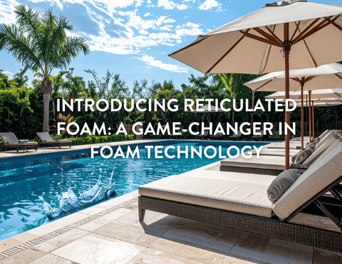 a row of sun loungers made of reticulated foam by the side of a swimming pool with blue skies and sunshine