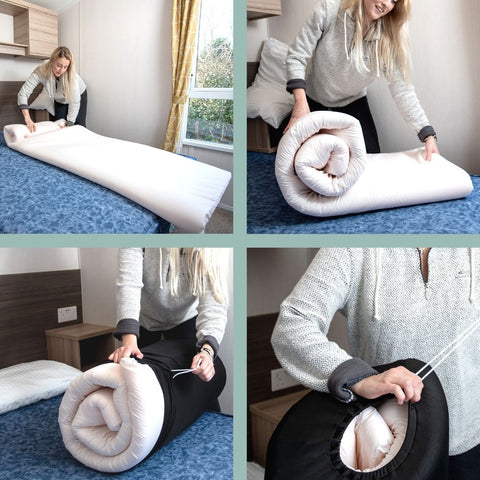 Memory Foam Travel Mattress Topper popular supplied with a cotton cover and handy storage bag. The mattress topper overlay is a popular choice to provide additional comfort while camping, in HGV trucks, camper vans or motorhomes and anywhere your bed could benefit from additional comfort.