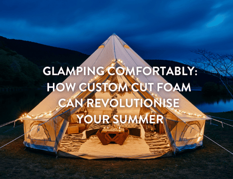 A Bell tent set for a glamping experience at night with We Cut Foam Custom Cut Foam accessories 
