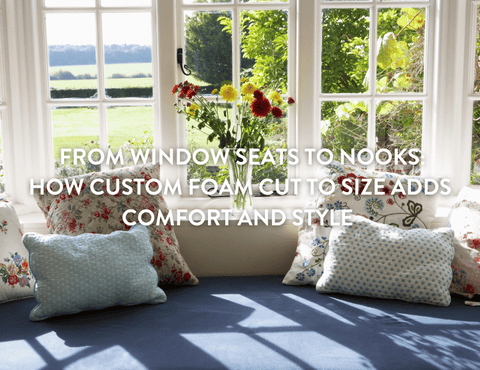 Window seat with flowers on the sill - patterned pillows on a foam custom cut window seat 